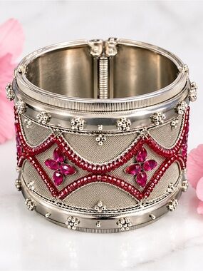 Vintage Kuchi Afghan Indian Hinged Cuff Bracelet German Silver Pink Rhinestone